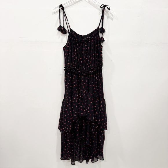 Evie Black Flower Printed Tie Shoulder Strap Midi Maxi Long Dress Layered Ruffle - Picture 1 of 6